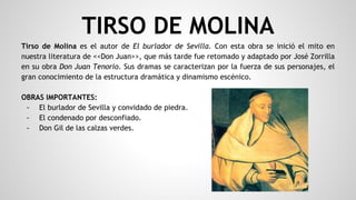 TIRSO DE MOLINA
Tirso de Molina es el autor de El burlador de Sevilla. Con esta obra se inició el mito en
nuestra literatura de <<Don Juan>>, que más tarde fue retomado y adaptado por José Zorrilla
en su obra Don Juan Tenorio. Sus dramas se caracterizan por la fuerza de sus personajes, el
gran conocimiento de la estructura dramática y dinamismo escénico.
OBRAS IMPORTANTES:
- El burlador de Sevilla y convidado de piedra.
- El condenado por desconfiado.
- Don Gil de las calzas verdes.
 