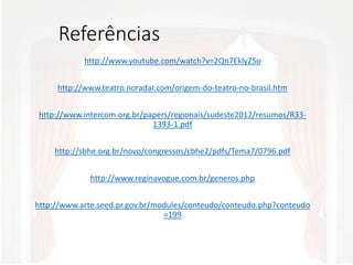 Referências
http://www.youtube.com/watch?v=2Qn7EklyZ5o
http://www.teatro.noradar.com/origem-do-teatro-no-brasil.htm
http://www.intercom.org.br/papers/regionais/sudeste2012/resumos/R33-
1393-1.pdf
http://sbhe.org.br/novo/congressos/cbhe2/pdfs/Tema7/0796.pdf
http://www.reginavogue.com.br/generos.php
http://www.arte.seed.pr.gov.br/modules/conteudo/conteudo.php?conteudo
=199
 