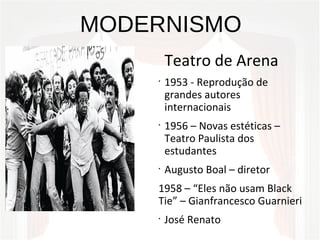 MODERNISMO
Teatro de Arena
•
1953 - Reprodução de
grandes autores
internacionais
•
1956 – Novas estéticas –
Teatro Paulista dos
estudantes
•
Augusto Boal – diretor
1958 – “Eles não usam Black
Tie” – Gianfrancesco Guarnieri
•
José Renato
 