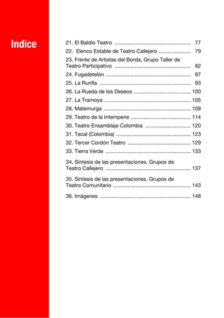 Indice   21. El Baldío Teatro .................................................... 77
         22. Elenco Estable de Teatro Callejero ...................... 79
         23. Frente de Artistas del Borda, Grupo Taller de
         Teatro Participativo .................................................... 82
         24. Fugadetelón .......................................................... 87
         25. La Runfla .............................................................. 93
         26. La Rueda de los Deseos ....................................... 100
         27. La Tramoya ........................................................... 105
         28. Matemurga ........................................................... 109
         29. Teatro de la Intemperie ......................................... 114
         30. Teatro Ensamblaje Colombia ............................... 120
         31. Tecal (Colombia) ................................................... 123
         32. Tercer Cordón Teatro ........................................... 129
         33. Tierra Verde .......................................................... 133

         34. Síntesis de las presentaciones. Grupos de
         Teatro Callejero .......................................................... 137

         35. Síntesis de las presentaciones. Grupos de
         Teatro Comunitario ..................................................... 143

         36. Imágenes .............................................................. 148
 