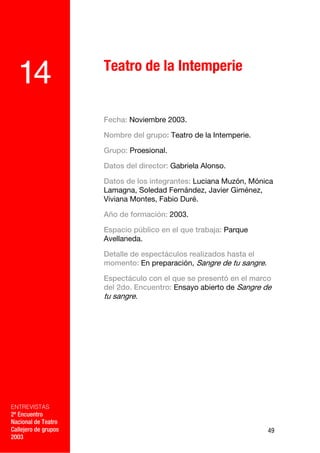Teatro de la Intemperie
  14
                      Fecha: Noviembre 2003.

                      Nombre del grupo: Teatro de la Intemperie.

                      Grupo: Proesional.

                      Datos del director: Gabriela Alonso.

                      Datos de los integrantes: Luciana Muzón, Mónica
                      Lamagna, Soledad Fernández, Javier Giménez,
                      Viviana Montes, Fabio Duré.

                      Año de formación: 2003.

                      Espacio público en el que trabaja: Parque
                      Avellaneda.

                      Detalle de espectáculos realizados hasta el
                      momento: En preparación, Sangre de tu sangre.

                      Espectáculo con el que se presentó en el marco
                      del 2do. Encuentro: Ensayo abierto de Sangre de
                      tu sangre.
             –




ENTREVISTAS
2º Encuentro
Nacional de Teatro
Callejero de grupos                                                   49
2003
 