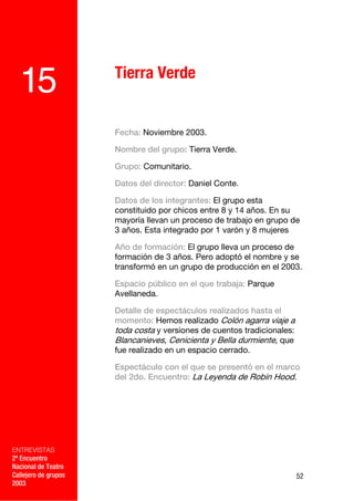 Tierra Verde
  15
                      Fecha: Noviembre 2003.

                      Nombre del grupo: Tierra Verde.

                      Grupo: Comunitario.

                      Datos del director: Daniel Conte.

                      Datos de los integrantes: El grupo esta
                      constituido por chicos entre 8 y 14 años. En su
                      mayoría llevan un proceso de trabajo en grupo de
                      3 años. Esta integrado por 1 varón y 8 mujeres

                      Año de formación: El grupo lleva un proceso de
                      formación de 3 años. Pero adoptó el nombre y se
                      transformó en un grupo de producción en el 2003.

                      Espacio público en el que trabaja: Parque
                      Avellaneda.

                      Detalle de espectáculos realizados hasta el
                      momento: Hemos realizado Colón agarra viaje a
                      toda costa y versiones de cuentos tradicionales:
                      Blancanieves, Cenicienta y Bella durmiente, que
                      fue realizado en un espacio cerrado.

                      Espectáculo con el que se presentó en el marco
                      del 2do. Encuentro: La Leyenda de Robin Hood.

             –




ENTREVISTAS
2º Encuentro
Nacional de Teatro
Callejero de grupos                                                      52
2003
 