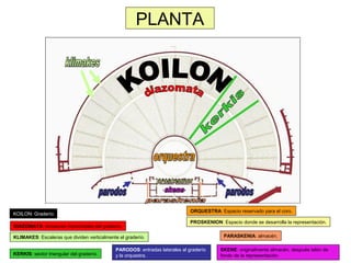 PLANTA

ORQUESTRA: Espacio reservado para el coro.

KOILON: Graderío
DIAZOMATA: divisiones horizontales del graderío.

PROSKENION: Espacio donde se desarrolla la representación.

KLIMAKES: Escaleras que dividen verticalmente el graderío.
KERKIS: sector triangular del graderío.

PARODOS: entradas laterales al graderío
y la orquestra.

PARASKENIA: almacén.
SKENE: originalmente almacén, después telón de
fondo de la representación.

 