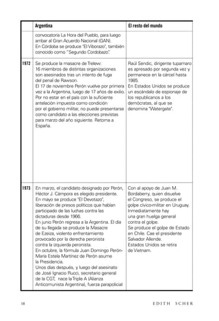 scher.qxp:Maquetación 1 12/3/10 2:39 PM Page 18

Argentina

El resto del mundo

convocatoria La Hora del Pueblo, para luego
arribar al Gran Acuerdo Nacional (GAN).
En Córdoba se produce "El Viborazo", también
conocido como “Segundo Cordobazo”
.
1972

Se produce la masacre de Trelew:
16 miembros de distintas organizaciones
son asesinados tras un intento de fuga
del penal de Rawson.
El 17 de noviembre Perón vuelve por primera
vez a la Argentina, luego de 17 años de exilio.
Por no estar en el país con la suficiente
antelación impuesta como condición
por el gobierno militar, no puede presentarse
como candidato a las elecciones previstas
para marzo del año siguiente. Retorna a
España.

Raúl Sendic, dirigente tupamaro
es apresado por segunda vez y
permanece en la cárcel hasta
1985.
En Estados Unidos se produce
un escándalo de espionaje de
los republicanos a los
demócratas, al que se
denomina "Watergate".

1973

En marzo, el candidato designado por Perón,
Héctor J. Cámpora es elegido presidente.
En mayo se produce "El Devotazo",
liberación de presos políticos que habían
participado de las luchas contra las
dictaduras desde 1966.
En junio Perón regresa a la Argentina. El día
de su llegada se produce la Masacre
de Ezeiza, violento enfrentamiento
provocado por la derecha peronista
contra la izquierda peronista.
En octubre, la fórmula Juan Domingo PerónMaría Estela Martínez de Perón asume
la Presidencia.
Unos días después, y luego del asesinato
de José Ignacio Rucci, secretario general
de la CGT, nace la Triple A (Alianza
Anticomunista Argentina), fuerza parapolicial

Con al apoyo de Juan M.
Bordaberry, quien disuelve
el Congreso, se produce el
golpe cívico-militar en Uruguay.
Inmediatamente hay
una gran huelga general
contra el golpe.
Se produce el golpe de Estado
en Chile. Cae el presidente
Salvador Allende.
Estados Unidos se retira
de Vietnam.

18

EDITH

SCHER

 