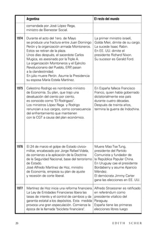 scher.qxp:Maquetación 1 12/3/10 2:39 PM Page 20

Argentina

El resto del mundo

comandada por José López Rega,
ministro de Bienestar Social.
1974

Durante el acto del 1ero. de Mayo
se produce una fractura entre Juan Domingo
Perón y la organización armada Montoneros.
Estos se retiran de la plaza.
Unos días después, el sacerdote Carlos
Mugica, es asesinado por la Triple A.
La organización Montoneros y el Ejército
Revolucionario del Pueblo, ERP pasan
,
a la clandestinidad.
En julio muere Perón. Asume la Presidencia
su esposa María Estela Martínez.

La primer ministro israelí,
Golda Meir, dimite de su cargo.
La sucede Isaac Rabin.
En EE. UU. dimite el
presidente Richard Nixon.
Su sucesor es Gerald Ford.

1975

Celestino Rodrigo es nombrado ministro
de Economía. Su plan, que trajo una
devaluación del ciento por ciento,
es conocido como "El Rodrigazo".
Los ministros López Rega y Rodrigo
renuncian a sus cargos, como consecuencia
del enfrentamiento que mantienen
con la CGT a causa del plan económico.

En España fallece Francisco
Franco, quien había gobernado
dictatorialmente ese país
durante cuatro décadas.
Después de treinta años,
termina la guerra de Indochina.

1976

El 24 de marzo el golpe de Estado cívicomilitar, encabezado por Jorge Rafael Videla,
da comienzo a la aplicación de la Doctrina
de la Seguridad Nacional, base del terrorismo
de Estado.
José Alfredo Martínez de Hoz, ministro
de Economía, empieza su plan de ajuste
y recesión de corte liberal.

Muere Mao Tse Tung,
presidente del Partido
Comunista y fundador de
la República Popular China.
En Uruguay cae el presidente
Bordaberry y asume Aparicio
Méndez.
El demócrata Jimmy Carter
gana las elecciones en EE. UU.

1977

Martínez de Hoz inicia una reforma financiera.
La Ley de Entidades Financieras libera las
tasas de interés y el control de cambios y da
garantía estatal a los depósitos. Esta medida
provoca una gran especulación. Comienza la
época de la llamada "bicicleta financiera".

Alfredo Stroessner es ratificado
en referéndum como
presidente vitalicio del
Paraguay.
España tiene las primeras
elecciones libres luego

20

EDITH

SCHER

 