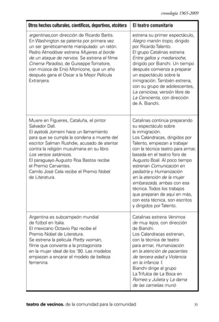scher.qxp:Maquetación 1 12/3/10 2:39 PM Page 31

cronología 1965-2009

Otros hechos culturales, científicos, deportivos, etcétera

El teatro comunitario

argentinas,con dirección de Ricardo Bartis.
En Washington se patenta por primera vez
un ser genéticamente manipulado: un ratón.
Pedro Almodóvar estrena Mujeres al borde
de un ataque de nervios. Se estrena el filme
Cinema Paradiso, de Guiseppe Tornatore,
con música de Enio Morricone, que un año
después gana el Oscar a la Mejor Película
Extranjera.

estrena su primer espectáculo,
Alegro manón tropo, dirigido
por Ricardo Talento.
El grupo Catalinas estrena
Entre gallos y medianoche,
dirigido por Bianchi. Un tiempo
después comienza a preparar
un espectáculo sobre la
inmigración. También estrena,
con su grupo de adolescentes,
La ceniciosa, versión libre de
La Cenicienta, con dirección
de A. Bianchi.

Muere en Figueres, Cataluña, el pintor
Salvador Dalí.
El ayatolá Jomeini hace un llamamiento
para que se cumpla la condena a muerte del
escritor Salman Rushdie, acusado de atentar
contra la religión musulmana en su libro
Los versos satánicos.
El paraguayo Augusto Roa Bastos recibe
el Premio Cervantes.
Camilo José Cela recibe el Premio Nobel
de Literatura.

Catalinas continúa preparando
su espectáculo sobre
la inmigración.
Los Calandracas, dirigidos por
Talento, empiezan a trabajar
con la técnica teatro para armar,
basada en el teatro foro de
Augusto Boal. Al poco tiempo
estrenan Comunicación en
pediatría y Humanización
en la atención de la mujer
embarazada, ambas con esa
técnica. Todos los trabajos
que preparan de aquí en más,
con esta técnica, son escritos
y dirigidos por Talento.

Argentina es subcampeón mundial
de fútbol en Italia.
El mexicano Octavio Paz recibe el
Premio Nobel de Literatura.
Se estrena la película Pretty woman,
filme que convierte a la protagonista
en la mujer ideal de los '90. Las modelos
empiezan a encarar el modelo de belleza
femenina.

Catalinas estrena Venimos
de muy lejos, con dirección
de Bianchi.
Los Calandracas estrenan,
con la técnica de teatro
para armar, Humanización
en la atención de pacientes
de tercera edad y Violencia
en la infancia 1.
Bianchi dirige al grupo
La Trifulca de La Boca en
Romeo y Julieta y La dama
de las camelias murió

teatro de vecinos. de la comunidad para la comunidad

31

 