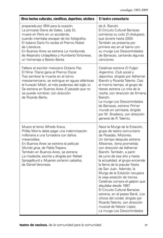 scher.qxp:Maquetación 1 12/3/10 2:39 PM Page 39

cronología 1965-2009

Otros hechos culturales, científicos, deportivos, etcétera

El teatro comunitario

preparada por IBM para la ocasión.
La princesa Diana de Gales, Lady Di,
muere en París en un accidente,
cuando intentaba escapar de los fotógrafos.
El italiano Darío Fo recibe el Premio Nobel
de Literatura.
En Buenos Aires se estrena La moribunda,
de Alejandro Urdapilleta y Humberto Tortonese,
un homenaje a Batato Barea.

de A. Bianchi.
El Circuito Cultural Barracas
comienza su ciclo El chalupazo,
que duraría hasta 2004.
También se presenta por
primera vez en el barrio con
su murga Los Descontrolados
de Barracas, cantando algunas
canciones.

Fallece el escritor mexicano Octavio Paz.
El filme Titanic gana el Premio Oscar.
Tras sembrar la muerte en el istmo
mesoamericano, se extingue en aguas atlánticas
el huracán Mitch, el más poderoso del siglo XX.
Se estrena en Buenos Aires El pecado que no
se puede nombrar, con dirección
de Ricardo Bartis.

Catalinas estrena El Fulgor
Argentino. Club social y
deportivo, dirigido por Adhemar
Bianchi y Ricardo Talento. Casi
al mismo tiempo, el grupo de
títeres estrena La niña de la
noche, con dirección de Ximena
Bianchi.
La murga Los Descontrolados
de Barracas, estrena Primer
mundo en camiseta, dirigido
por M. Brodiano, con dirección
general de R. Talento.

Muere el tenor Alfredo Kraus.
Phillip Morris debe pagar una indemnización
millonaria a una fumadora con daños
irreversibles.
En Buenos Aires se estrena la película
Mundo grúa, de Pablo Trapero.
También en Buenos Aires, se estrena
La modestia, escrita y dirigida por Rafael
Spregelburd y Mujeres soñaron caballos,
de Daniel Veronese.

Nace la Murga de la Estación,
grupo de teatro comunitario
de Posadas, Misiones.
Un tiempo después estrena
Misiones, tierra prometida,
con dirección de Adhemar
Bianchi. También, a partir
de junio de ese año y hasta
la actualidad, el grupo enciende
la llama de la popular fiesta
de San Juan. Además, la
Murga de la Estación recupera
la vieja estación de trenes.
Catalinas compra el galpón que
alquilaba desde 1997
.
El Circuito Cultural Barracas
estrena, en el paseo Bardi, Los
chicos del cordel, dirigido por
Ricardo Talento, con dirección
musical de Néstor López.
La murga Los Descontrolados

teatro de vecinos. de la comunidad para la comunidad

39

 