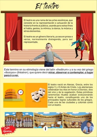 El teatro
Este termino en su etimología viene del latín «theātrum» y a su vez del griego
«θεατρον» (théatron), que quiere decir mirar, observar o contemplar, o lugar
para ir a ver.
El teatro nació en Atenas, Grecia, entre los
siglos V y VI Antes de Cristo. Los atenienses
celebraban los ritos en honor a Dionisio, dios
del vino y de la vegetación. Estas primitivas
ceremonias rituales acaban evolucionando
hacia el teatro, constituyendo uno de los
principales logros culturales de los griegos.
Cada una de las ciudades y colonias contó
con un teatro.
1
Crea
Aprecia
 