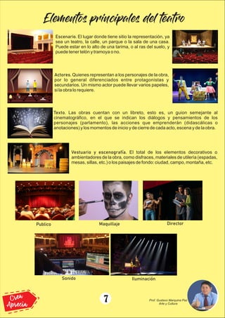 Elementos principales del teatro
sea un teatro, la calle, un parque o la sala de una casa.
Puede estar en lo alto de una tarima, o al ras del suelo, y
puede tener telón y tramoya o no.
por lo general diferenciados entre protagonistas y
secundarios. Un mismo actor puede llevar varios papeles,
si la obra lo requiere.
cinematográﬁco, en el que se indican los diálogos y pensamientos de los
personajes (parlamento), las acciones que emprenderán (didascálicas o
anotaciones) y los momentos de inicio y de cierre de cada acto, escena y de la obra.
ambientadores de la obra, como disfraces, materiales de utilería (espadas,
mesas, sillas, etc.) o los paisajes de fondo: ciudad, campo, montaña, etc.
7
Crea
Aprecia
Prof. Gustavo Marquina Paz
Arte y Cultura
 