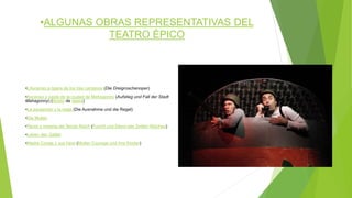 •LAscenso a ópera de los tres centavos (Die Dreigroschenoper)
•Ascenso y caída de la ciudad de Mahagonny (Aufstieg und Fall der Stadt
Mahagonny) (libreto de ópera)
•La excepción y la regla (Die Ausnahme und die Regel)
•Die Mutter
•Terror y miseria del Tercer Reich (Furcht und Elend des Dritten Reiches)
•Leben des Galilei
•Madre Coraje y sus hijos (Mutter Courage und ihre Kinder)
•ALGUNAS OBRAS REPRESENTATIVAS DEL
TEATRO ÉPICO
 