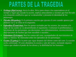 Prólogo (Πρόλογος).  Inicia la obra. Sirve para situar a los espectadores en el tiempo y lugar que sucede la acción, explica antecedentes y razones que han llevado a la situación conflictiva que se va desarrollar y presenta la identidad de los personajes. Párodo (Πάροδος).  Es la primera canción que ejecuta el coro cuando aparece por primera vez y se sitúa en la orquestra. Episodios (Ἐπισόδια).  Son las partes recitadas por los actores, las escenas a lo largo de las cuales se va desarrollando el argumento. Contienen la problemática y los planes de los personajes, sus decisiones, sus enfrentamientos, reconocimientos, descripciones de hechos que han sucedido o suceden… Estásimos (Στάσιμα).  Son los cantos del coro, acompañados de movimientos de danza y música. Se intercalan entre los episodios de los personajes. Éxodo (Ἔξοδος)  Es la parte que sigue después del último canto del coro. La acción ya ha culminado. El coro abandona la escena y sale del teatro, recitando algunos versos que aluden al poder de los dioses y la debilidad de los humanos. PARTES DE LA TRAGEDIA 