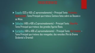 TRAGEDIÓGRAFOS


Ésquilo (525 a 456 a.C aproximadamente) – Principal Texto: Prometeu
Acorrentado. Tema Principal que tratava: Contava fatos sobre os Deuses e
os Mitos.



Sófocles (496 a 406 a.C.aproximadamente) – Principal Texto: Édipo Rei.
Tema Principal que tratava: das grandes figuras Reais.



Eurípides (484 a 406 a.C.aproximadamente) – Principal Texto: As Troianas –
Tema Principal que tratava: dos renegados, dos vencidos (Pai do Drama
Ocidental e Oriental)

 