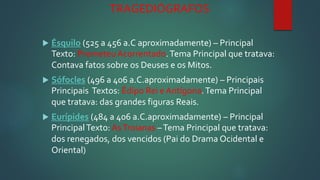 TRAGEDIÓGRAFOS
 Ésquilo (525 a 456 a.C aproximadamente) – Principal
Texto: Prometeu Acorrentado.Tema Principal que tratava:
Contava fatos sobre os Deuses e os Mitos.
 Sófocles (496 a 406 a.C.aproximadamente) – Principais
Principais Textos: Édipo Rei e Antígona.Tema Principal
que tratava: das grandes figuras Reais.
 Eurípides (484 a 406 a.C.aproximadamente) – Principal
PrincipalTexto: AsTroianas –Tema Principal que tratava:
dos renegados, dos vencidos (Pai do Drama Ocidental e
Oriental)
 