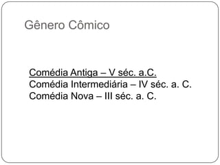 Gênero Cômico


Comédia Antiga – V séc. a.C.
Comédia Intermediária – IV séc. a. C.
Comédia Nova – III séc. a. C.
 