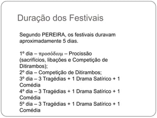 Duração dos Festivais
Segundo PEREIRA, os festivais duravam
aproximadamente 5 dias.

1º dia – προςόδιυμ – Procissão
(sacrifícios, libações e Competição de
Ditirambos);
2º dia – Competição de Ditirambos;
3º dia – 3 Tragédias + 1 Drama Satírico + 1
Comédia
4º dia – 3 Tragédias + 1 Drama Satírico + 1
Comédia
5º dia – 3 Tragédias + 1 Drama Satírico + 1
Comédia
 