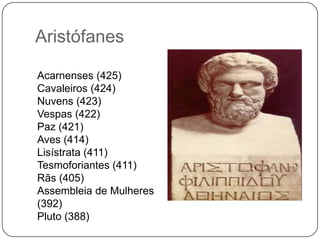 Aristófanes

Acarnenses (425)
Cavaleiros (424)
Nuvens (423)
Vespas (422)
Paz (421)
Aves (414)
Lisístrata (411)
Tesmoforiantes (411)
Rãs (405)
Assembleia de Mulheres
(392)
Pluto (388)
 