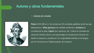Autores y obras fundamentales
 Autores de comedia
Plauto (254-184 a.C.). Se conservan 20 comedias palliatas entre las que
destacamos : Miles gloriosus (el soldado fanfarrón), Aulularia (la
comedia de la olla), Captivi (los cautivos), etc. Cultiva la comedia de
situación donde coloca a los personajes en situaciones cómicas sin
eludir lo obsceno y escabroso. Su originalidad estriba en la lengua:
por él conocemos el habla popular de la época.
 
