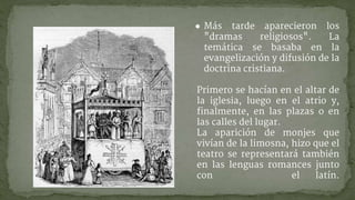 ● Más tarde aparecieron los
"dramas religiosos". La
temática se basaba en la
evangelización y difusión de la
doctrina cristiana.
Primero se hacían en el altar de
la iglesia, luego en el atrio y,
finalmente, en las plazas o en
las calles del lugar.
La aparición de monjes que
vivían de la limosna, hizo que el
teatro se representará también
en las lenguas romances junto
con el latín.
 