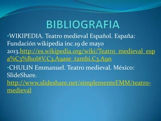 •WIKIPEDIA. Teatro medieval Español. España:
Fundación wikipedia inc.19 de mayo
2013.http://es.wikipedia.org/wiki/Teatro_medieval_esp
a%C3%B1ol#V.C3.A9ase_tambi.C3.A9n
•CHULIN Emmanuel. Teatro medieval. México:
SlideShare.
http://www.slideshare.net/simplementeEMM/teatro-
medieval
 