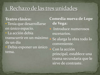 Comedia nueva de Lope
de Vega:
 Introduce numerosos
escenarios.
 Se alarga la obra todo lo
conveniente.
 Con la acción
principal, establece una
trama secundaria que le
sirve de contraste.
Teatro clásico:
• Tenía que desarrollarse
en único espacio.
• La acción debía
transcurrir en un máximo
de un día
• Debía exponer un único
tema.
 