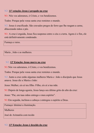 N2: 11ª estação: Jesus é pregado na cruz
N1: Nós vos adoramos, ó Cristo, e vos bendizemos.
Todos: Porque pela vossa santa cruz remistes o mundo.
N2: Jesus é crucificado. São cravados pregos de ferro que lhe rasgam a carne,
dilacerando mãos e pés.
N1: A cruz é erguida, Jesus fica suspenso entre o céu e a terra. Agora é o fim, ele
está definitivamente condenado.
Fumaça e raios.


Maria , João e as mulheres.


 N2: 12ª Estação: Jesus morre na cruz
N1:Nós vos adoramos, ó Cristo, e vos bendizemos.
Todos: Porque pela vossa santa cruz remistes o mundo.
N2: Junto a cruz estão algumas mulheres Maria e João o discípulo que Jesus
amava. Jesus diz a Maria e João:
Jesus: Mulher, eis aí teu filho. Filho, eis aí a tua mãe.
N1:Depois de longa agonia, Jesus lança seu último grito do alto da cruz:
Jesus: “Pai, em tuas mãos entrego o meu espírito”.
N1:Em seguida, inclinou a cabeça e entregou o espírito a Deus.
Fumaça/ diminui a iluminação.
Mulheres
José de Arimatéia com tecido


N2: 13ª Estação: Jesus é descido da cruz
 
