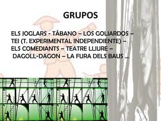 GRUPOS
ELS JOGLARS - TÁBANO – LOS GOLIARDOS –
TEI (T. EXPERIMENTAL INDEPENDIENTE) –
ELS COMEDIANTS – TEATRE LLIURE –
DAGOLL-DAGON – LA FURA DELS BAUS …
 