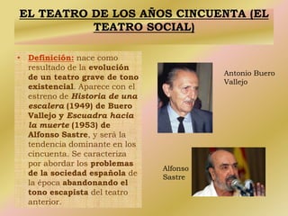 EL TEATRO DE LOS AÑOS CINCUENTA (EL
TEATRO SOCIAL)
• Definición: nace como
resultado de la evolución
de un teatro grave de tono
existencial. Aparece con el
estreno de Historia de una
escalera (1949) de Buero
Vallejo y Escuadra hacia
la muerte (1953) de
Alfonso Sastre, y será la
tendencia dominante en los
cincuenta. Se caracteriza
por abordar los problemas
de la sociedad española de
la época abandonando el
tono escapista del teatro
anterior.
Antonio Buero
Vallejo
Alfonso
Sastre
 