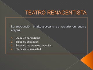 TEATRO RENACENTISTATragediaAsunto clásicoTema moderno____________________Drama históricoHistoria de InglaterraComediaCuadro de costumbresGracia de las situacionesAsuntos contemporáneos