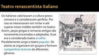 Os italianos valorizavam a cultura greco-romano 
e a consideravam perfeita. Por 
isso se interessaram em imitar e até 
superar esses moldes também no teatro. 
Assim, peças gregas e romanas antigas são 
novamente encenadas e adaptadas. Esse 
era o considerado teatro erudito. 
Paralelamente surge o teatro popular. Os 
atores se organizam em grupos e formam 
companhias teatrais de diferentes 
gêneros. 
 