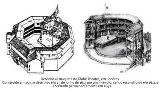 Desenhos e maquete do Globe Theatre, em Londres. 
Construído em 1599 e destruído em 29 de junho de 1613 por umincêndio, sendo reconstruído em 1614 e 
encerrado permanentemente em 1642. 
 