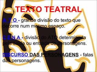 TEXTO TEATRAL
A T O - grande divisão do texto que
decorre num mesmo espaço.
C E N A - divisão do ATO determinada
pela saída ou entrada de personagens.
DISCURSO DAS PERSONAGENS - falas
das personagens.
 
