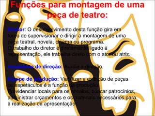 Funções para montagem de uma
peça de teatro:
Diretor: O desenvolvimento desta função gira em
torno de supervisionar e dirigir a montagem de uma
peça teatral, novela, cinema ou programa.
O trabalho do diretor é diretamente ligado à
representação, ele trabalha direto com o ator ou atriz.
Assistente de direção: Auxilia a direção.
Equipe de produção: Viabilizar a exibição de peças
ou espetáculos é a função da produção.
Providenciar locais para os ensaios, buscar patrocínios,
administrar orçamentos e os materiais necessários para
a realização da apresentação.
 
