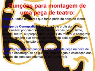Funções para montagem de
uma peça de teatro:
Elenco: todos os atores que farão parte da peça de teatro.
Equipe de Cenografia: Nesta função o profissional fica
responsável por criar cenário para as cenas de um filme,
novela, teatro, ou propaganda. A partir do roteiro, o cenógrafo
cria um cenário que deverá ser aprovado pelo produtor para
assim realizar a função profissional.
Contra-regra: Acompanha a encenação da peça na boca de
palco e encarrega-se da guarda, conservação e colocação dos
objetos de cena sob orientação do Cenógrafo
 