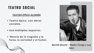 Teatro épico, con obras
sociales.
Usa múltiples espacios.
Mezcla de la tragedia y la
farsa, la seriedad y el humor.
TEATRO SOCIAL
TEATRO ÉPICO ALEMÁN
Bertolt Brecht - Madre Coraje y sus
hijos
 
