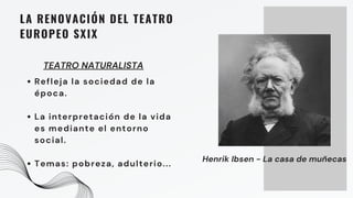 Refleja la sociedad de la
época.
La interpretación de la vida
es mediante el entorno
social.
Temas: pobreza, adulterio...
LA RENOVACIÓN DEL TEATRO
EUROPEO SXIX
TEATRO NATURALISTA
Henrik Ibsen - La casa de muñecas
 