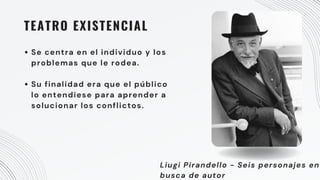 TEATRO EXISTENCIAL
Se centra en el individuo y los
problemas que le rodea.
Su finalidad era que el público
lo entendiese para aprender a
solucionar los conflictos.
Liugi Pirandello - Seis personajes en
busca de autor
 