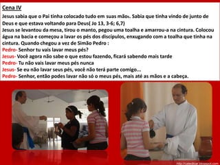 Cena IIQuando Jesus chega em Jerusalém, o povo que já ouvira falar muito de Jesus, sai as ruas para aclamá-lo, como nós fizemos hoje .Em pé com os ramos vamos aclamá-lo cantando Hosana filhos de Davi....http://cateclicar.blogspot.com