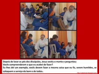 Cena IIIAntes da festa da Páscoa, Jesus já sabia que tinha chegado a sua hora. A hora de passar deste mundo para o Pai (Jo 13,1) e pede aos apóstolos que preparem uma sala para que juntos comemorem a Páscoa. Jesus recebeu com carinho seus apóstolos.http://cateclicar.blogspot.com