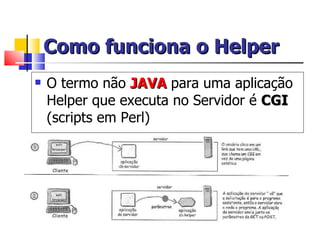 Como funciona o Helper O termo não  JAVA  para uma aplicação Helper que executa no Servidor é  CGI  (scripts em Perl) 