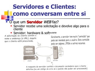 Servidores e Clientes: como conversam entre si O que um  Servidor   WEB  faz? Servidor recebe uma solicitação e devolve algo para o cliente Servidor: hardware & software 