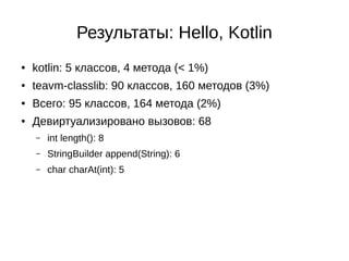 Результаты: Hello, Kotlin
● kotlin: 5 классов, 4 метода (< 1%)
● teavm-classlib: 90 классов, 160 методов (3%)
● Всего: 95 классов, 164 метода (2%)
● Девиртуализировано вызовов: 68
– int length(): 8
– StringBuilder append(String): 6
– char charAt(int): 5
 