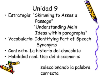 Unidad 9 Estrategia: “Skimming to Asses a  Passage”  “ Understanding Main  Ideas within paragraphs”  Vocabulario: Identifying Part of Speech Synonyms Contexto: La historia del chocolate Habilidad real: Uso del diccionario:  seleccionando la palabra  correcta 