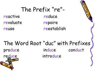 The Prefix “re”- re active  re duce re valuate  re paire re use  re establish The Word Root “duc” with Prefixes pro duc e  in duc e  con duc t  re duc e  intro duc e 