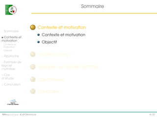 Sommaire

1

Contexte et motivation

Sommaire

Contexte et motivation

Contexte et
motivation

Objectif

Contexte et
motivation
Objectif

Exemple de
logiciel
mathﬂoss
Cas
d’étude

2

Problématique

3

Exemple de logiciel mathﬂoss

4

Cas d’étude

5

Approche

Conclusion

Conclusion

IMI#mathfloss - K.I.A D EROUICHE

4 / 21

 
