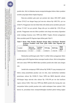 85



jumlah tebu. Hal ini dilakukan karena mempertimbangkan bahwa faktor produksi

tersebut yang dapat diukur tingkat harganya.

        Rata-rata produksi gula pasir per periode dari tahun 2001-2007 adalah

sebesar 2510,22 ton dengan harga jual rata-rata sebesar Rp 4.002.530,- per ton

(Tabel 9). Penggunaan rata-rata bahan baku tebu dalam proses produksi gula pasir

sebesar 33.144,7 ton per periode. Harga tebu per ton adalah Rp 1.956.190 per

periode. Penggunaan rata-rata faktor produksi serta harga rata-ratanya digunakan

untuk menduga besarnya rasio NPM dan BKM. Tingkat efisiensi penggunaan

faktor produksi pada PG Pagottan dapat dilihat pada Tabel 9.

Tabel 9 Rasio Nilai Produk Marjinal dengan Biaya Korbanan Marjinal
        Kegiatan Produksi Gula Pasir pada Pabik Gula Pagottan per
        Periode
                                                                       Rasio
                     Rata-rata    Koefisien
 Variabel                                      NPM (Rp)    BKM (Rp)    NPM-
                     Penggunaan   Regresi
                                                                       BKM
 Jumlah tebu (ton)   33.144,7     0,066        20.006,74   1.956.190   0,01



        Berdasarkan perhitungan pada Tabel 9, terlihat bahwa penggunaan faktor

produksi gula di PG Pagottan belum mencapai kondisi efisien. Hal ini ditunjukkan

oleh rasio antara NPM dan BKM faktor produksi jumlah tebu tidak sama dengan

satu.

        Jumlah tebu mempunyai NPM sebesar Rp 20.006,74 yang mempunyai arti

bahwa setiap penambahan pasokan satu ton tebu, akan memberikan tambahan

penerimaan sebesar Rp 20.006,74. Rasio NPM dan BKM diperoleh sebesar

0,01dengan harga rata-rata tebu sebesar Rp 1.956.190 per ton dan koefisien

regresi sebesar 0,066. Nilai rasio NPM dan BKM jumlah tebu kurang dari satu

menyatakan bahwa jumlah pasokan tebu sudah melampaui batas optimal. Oleh

karena itu, perusahaan harus mempertimbangkan kembali jadwal tebang angkut
 