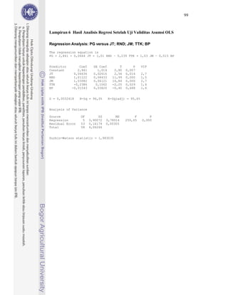 99



Lampiran 6 Hasil Analisis Regresi Setelah Uji Validitas Asumsi OLS

Regression Analysis: PG versus JT; RND; JM; TTK; BP

The regression equation is
PG = 2,841 + 0,0664 JT + 1,01 RND      0,239 TTK + 1,03 JM     0,015 BP


Predictor       Coef     SE Coef         T       P     VIF
Constant       2,841       1,014      2,80   0,007
JT           0,06636     0,02616      2,54   0,014     2,7
RND          1,01122     0,08433     11,99   0,000     1,5
JM           1,03082     0,06121     16,84   0,000     2,7
TTK          -0,2386      0,1062     -2,25   0,029     1,4
BP          -0,01543     0,03820     -0,40   0,688     1,6


S = 0,0552418    R-Sq = 96,0%      R-Sq(adj) = 95,6%


Analysis of Variance

Source           DF         SS        MS          F        P
Regression        5    3,90072   0,78014     255,65    0,000
Residual Error   53    0,16174   0,00305
Total            58    4,06246


Durbin-Watson statistic = 1,983035
 