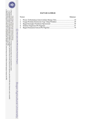 DAFTAR GAMBAR

Nomor                                                                                        Halaman
1.   Proses Terbentuknya Gula di dalam Batang Tebu ....................................... 10
2.   Fungsi Produksi Klasik dan Tiga Tahap Produksi........................................ 28
3.   Bagan Kerangka Pemikiran Operasional ..................................................... 38
4.   Struktur Organisasi PG Pagottan ................................................................. 51
5.   Bagan Pemasaran Gula di PG Pagottan ....................................................... 74
 