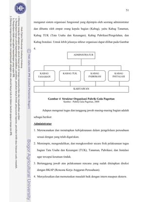 51



menganut sistem organisasi fungsional yang dipimpin oleh seorang administratur

dan dibantu oleh empat orang kepala bagian (Kabag), yaitu Kabag Tanaman,

Kabag TUK (Tata Usaha dan Keuangan), Kabag Pabrikasi/Pengolahan, dan

Kabag Instalasi. Untuk lebih jelasnya strktur organisasi dapat dilihat pada Gambar

4.

                                      ADMINISTRATUR




      KABAG                KABAG TUK                 KABAG           KABAG
     TANAMAN                                        PABRIKASI      INSTALASI




                                      KARYAWAN


              Gambar 4 Struktur Organisasi Pabrik Gula Pagottan
                            Sumber : Pabrik Gula Pagottan, 2008


         Adapun mengenai tugas dan tanggung jawab masing-masing bagian adalah

sebagai berikut:

Administratur

1. Merencanakan dan menetapkan kebijaksanaan dalam pengelolaan perusahaan

     sesuai dengan yang telah digariskan.

2. Memimpin, mengendalikan, dan mengkoordinir secara fisik pelaksanaan tugas

     bagian Tata Usaha dan Keuangan (TUK), Tanaman, Pabrikasi, dan Instalasi

     agar tercapai kesatuan tindak.

3. Bertanggung jawab atas pelaksanaan rencana yang sudah ditetapkan direksi

     dengan RKAP (Rencana Kerja Anggaran Perusahaan).

4. Menyelesaikan dan memutuskan masalah baik dengan intern maupun ekstern.
 