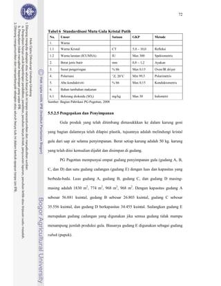 72



Tabel 6 Standardisasi Mutu Gula Kristal Putih
 No.    Unsur                                Satuan     GKP          Metode
 1.     Warna
 1.1    Warna Kristal                        CT         5,0 – 10,0   Refleksi
 1.2    Warna larutan (ICUMSA)               IU         Max 300      Spektometris

 2.     Berat jenis butir                    mm         0,8 – 1,2    Ayakan
 3.     Susut pengeringan                    % bb       Max 0,15     Oven/IR driyer
 4.     Polarisasi                           °Z, 20°C   Min 99,5     Polarimetris
 5.     Abu konduktiviti                     % bb       Max 0,15     Konduktometris
 6.     Bahan tambahan makanan

 6.1    Belerang dioksida (SO2)              mg/kg      Max 30       Iodometri
Sumber: Bagian Pabrikasi PG Pagottan, 2008


5.5.2.5 Pengepakan dan Penyimpanan

        Gula produk yang telah ditimbang dimasukkkan ke dalam karung goni

yang bagian dalamnya telah dilapisi plastik, tujuannya adalah melindungi kristal

gula dari uap air selama penyimpanan. Berat setiap karung adalah 50 kg. karung

yang telah diisi kemudian dijahit dan disimpan di gudang.

        PG Pagottan mempunyai empat gudang penyimpanan gula (gudang A, B,

C, dan D) dan satu gudang cadangan (gudang E) dengan luas dan kapasitas yang

berbeda-beda. Luas gudang A, gudang B, gudang C, dan gudang D masing-

masing adalah 1830 m2, 774 m2, 968 m2, 968 m2. Dengan kapasitas gudang A

sebesar 56.881 kuintal, gudang B sebesar 26.803 kuintal, gudang C sebesar

35.556 kuintal, dan gudang D berkapasitas 34.455 kuintal. Sedangkan gudang E

merupakan gudang cadangan yang digunakan jika semua gudang tidak mampu

menampung jumlah produksi gula. Biasanya gudang E digunakan sebagai gudang

rabuk (pupuk).
 