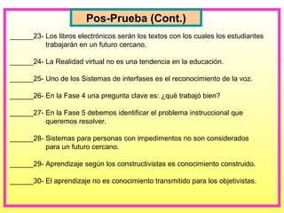 ______23-  Los libros electrónicos serán los textos con los cuales los estudiantes   trabajarán en un futuro cercano . ______24- La  Realidad virtual no es una tendencia en la educación. ______25- Uno de los  Sistemas de interfases es el reconocimiento de la voz. ______26- En la Fase 4 una pregunta clave es: ¿ qué trabajó bien?   ______27- En la Fase 5 debemos identificar el  problema instruccional que   queremos resolver. ______28-  Sistemas para personas con impedimentos no son considerados   para un futuro cercano.   ______29- Aprendizaje según los constructivistas es conocimiento construido. ______30- El aprendizaje no es conocimiento transmitido para los objetivistas.  Pos-Prueba (Cont.) 